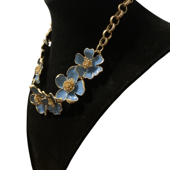 Blue Enamel 3D Flower Gold Tone Necklace - Picture 6 of 6